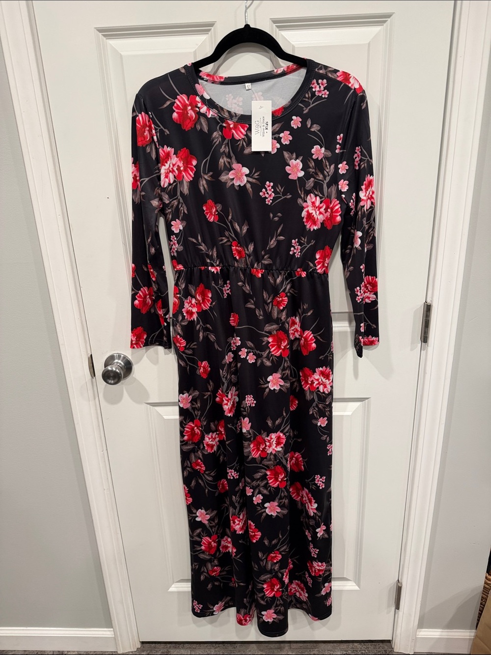 Black Maxi Dress with Red & Pink Floral Design